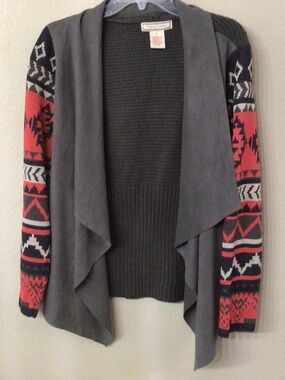 Flying tomato open front sweater with southwestern style sleeves. Size large.